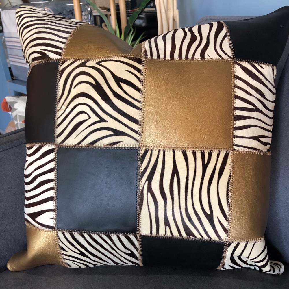Violette Studios leather zebra gold pillow NWT